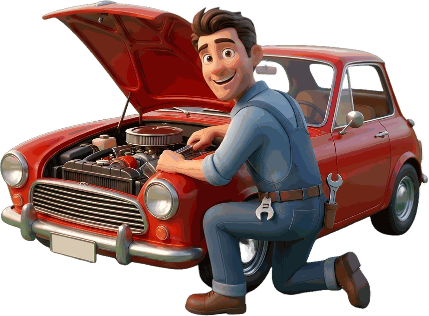 A mechanic servicing a car with the bonnet open, the illustration Vehium uses on its sign-in screen